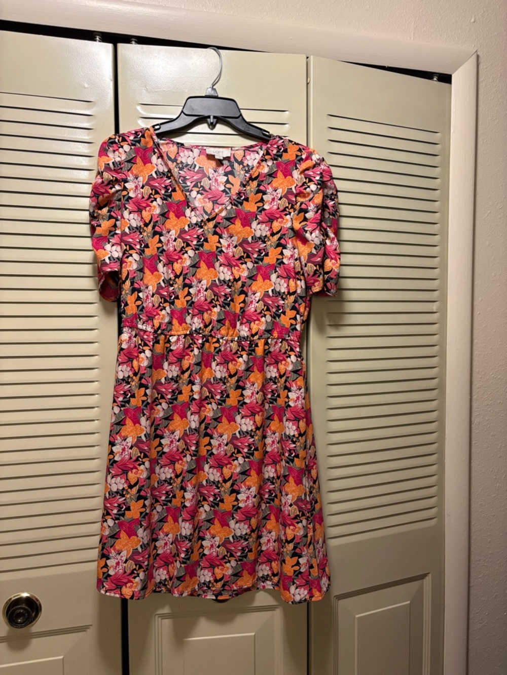 LOFT Floral V-Neck Mini Dress in Pink and Orange
